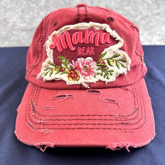 Mama Bear Embroidered 4350 District Cap Hat With Hook Loop Back Red Distressed - Picture 2 of 9